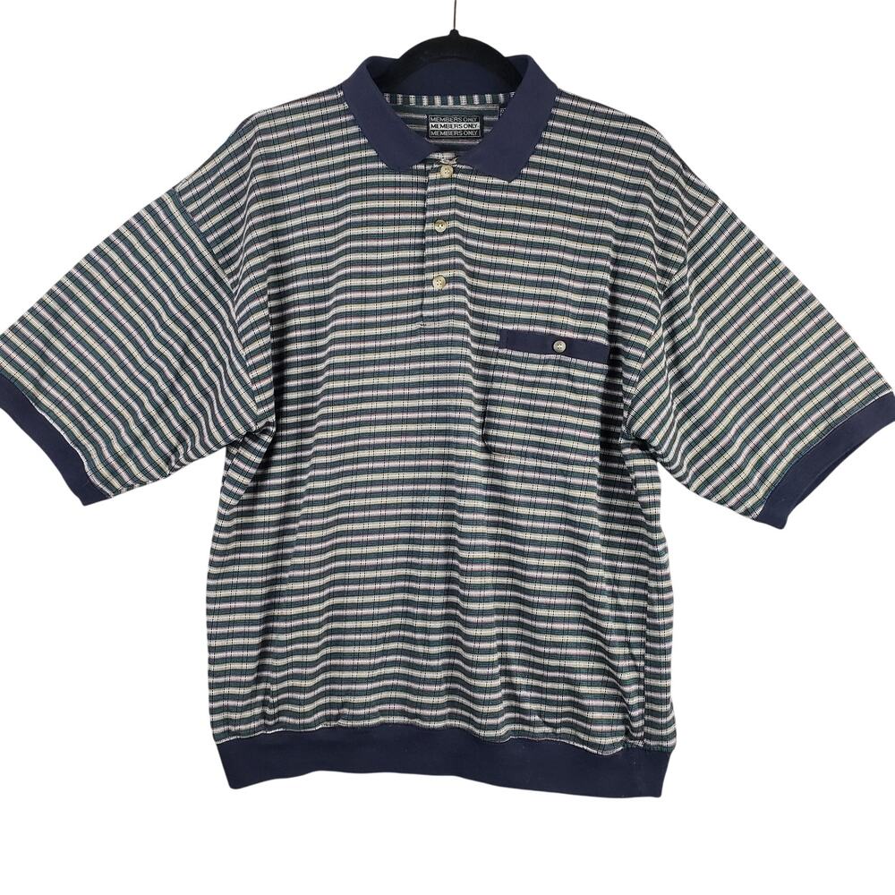 Vintage Members Only Size L Striped Polo Shirt Blue‎ Green 80's Dad Grandpacore